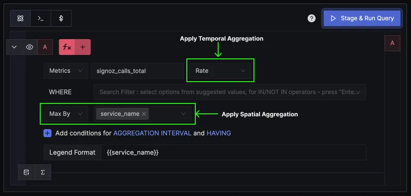 Spatial and temporal aggregations in metrics query builder of SigNoz